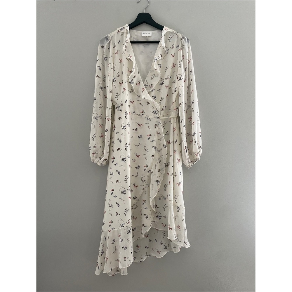 Sugarlips Cream Floral Ruffle High-Low Wrap Dress Long Sleeve Small
